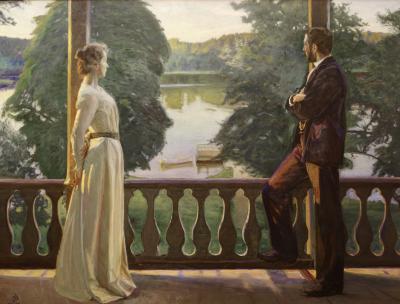 photograph “« Nordic summer evening » (1899-1900), Richard Bergh (1858-1919)” par David Farreny — www.farreny.net — Suède, Sweden, Sverige, Västra, Götaland, Göteborg, Gothembourg, Gothenburg, Konstmuseum, Musée des Beaux-Arts, art, tableau, painting, peinture, Nordisk sommarkväll, Richard Bergh, 1899, XIXe siècle, 19th century, terrasse, terrace, balcon, balcony, couple, man, homme, woman, femme, soir, evening, été, summer, robe, dress, arbres, trees, lac, lake, eau, water, bateau, boat, barque, rambarde, guardrail, piliers, pillars, paysage, landscape