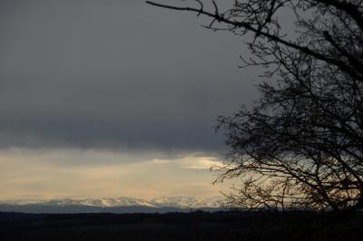 photograph “I.2025” par David Farreny — www.farreny.net — France, Occitanie, Gascogne, Gascony, Gers, Pyrénées, Pyrenees, montagnes, mountains, chaîne, range, hiver, winter, neige, snow, paysage, landscape, arbres, trees, branches, branchages, ciel, sky, nuages, clouds, gris, grey, gray, carte postale, postcard