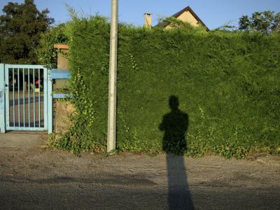 photograph “IX.2014” par David Farreny — www.farreny.net — France, soir, evening, rue, street, maison, house, haie, hedge, poteau, post, pole, électrique, electricity, portail, gate, métal, metal, ombre, shadow, silhouette, cheminée, chimney, arbre, tree, bitume, blacktop, asphalte, asphalt, vert, green, autoportrait, selfportrait, Occitanie, Aveyron, Rouergue, Olemps