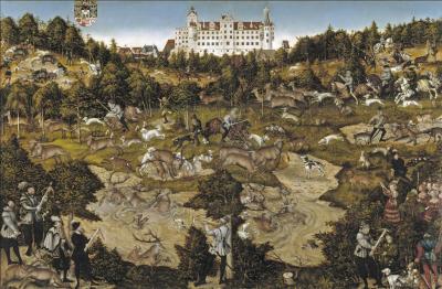 photograph “« A hunt in honor of Carlos V at Torgau Castle » (1544), attributed to Lucas Cranach the Elder (1472-1553)” par David Farreny — www.farreny.net — Espagne, Spain, Madrid, Museo nacional del Prado, Musée national du Prado, Prado national museum, XVIe siècle, 16th century, peinture, tableau, painting, Lucas Cranach l'Ancien, Lucas Cranach the Elder, paysage, landscape, chasse, hunt, hunting, chasseurs, hunters, deer, cerfs, forêt, forest, château, castle, Torgau, chiens, dogs, chevaux, horses, hommes, men, femmes, women, arbalètes, crossbows, étang, swap, eau, water, lances, spear, animaux, animals, épées, swords, arbres, trees, profusion, fenêtres, windows, tours, towers, maisons, houses, toits, roofs, blason, blazon