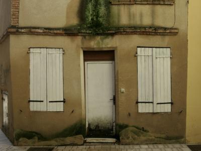 photograph “I.2025 — Faces of home, 246” par David Farreny — www.farreny.net — France, Occitanie, Tarn-et-Garonne, Caussade, ville, city, bourgade, town, rue, street, ruelle, alley, maison, house, vieille, old, porte, door, fenêtres, windows, volets, shutters, bois, wood, brique, brick, ciment, cement, poignée, handle, coin, corner, angle, humidité, moisture, moisi, dampness, vert, green, sonnette, doorbell, câble, cable, fil, wire