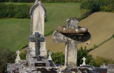 photograph “X.2020” par David Farreny — www.farreny.net — France, Occitanie, Gascogne, Gers, Lectoure, cimetière, cemetery, collines, hills, tombes, graves, croix, cross, crosses, plaque, champs, fields, bois, wood, arbres, trees, pierre, stone, mousse, moss, chanoine, canon, Jean Ladoues, terre, earth, sol, soil, Jésus, Christ, Jesus, christianisme, Christianism, catholicisme, Catholicism, religion