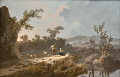 photograph “« Goats » (1792), Jean Pillement (1728-1808)” par David Farreny — www.farreny.net — Musée des Beaux-Arts, Bordeaux, France, Aquitaine, Gironde, peinture, painting, tableau, XVIIIe siècle, 18th century, art, paysage, landscape, rochers, rocks, rivière, river, eau, water, chèvres, goûts, bergers, shepherds, bâton, stick, arbres, trees, ciel, sky, nuages, clouds