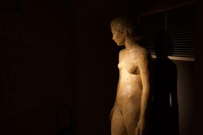 photograph “X.2017 — Venus at the grid” par David Farreny — www.farreny.net — France, Aquitaine, Landes, Mont-de-Marsan, musée, museum, Despiau-Wlérick, statue, sculpture, femme, woman, nue, naked, nude, grille, grid, aération, ventilation, pénombre, darkness, ombre, shadow, corps, body, métal, metal