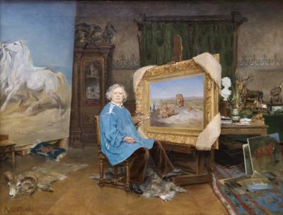 photograph “« Rosa Bonheur in her workshop » (1893), Georges Achille-Fould (1865-1951)” par David Farreny — www.farreny.net — Musée des Beaux-Arts, Bordeaux, France, Aquitaine, Gironde, peinture, painting, tableau, XIXe siècle, 19th century, femme, woman, peintre, painter, Rosa Bonheur, atelier, workshop, tableaux, paintings, chaise, chair, bois, wood, cadre, frame, pièce, room, plancher, floor, chevaux, corses, lion, lionne, lioness, tapis, carte, cerf, deer, pinceaux, brushes, table, rideau, curtain, mise en abîme, mise en abyme