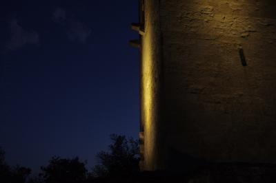 photograph “VII.2024 — At night” par David Farreny — www.farreny.net — France, Occitanie, Gascogne, Gascony, Gers, Biran, tour, tower, tour de guet, watchtower, Moyen Âge, Middle Ages, médiéval, medieval, pierre, stone, soir, evening, nuit, night, arbres, trees, branches, branchages, mur, wall, paroi, lumière, light, flamme, flame