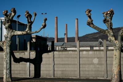 photograph “I.2011 — All hail” par David Farreny — www.farreny.net — France, Auvergne, Puy-de-Dôme, Clermont-Ferrand, Montferrand, usine, factory, Michelin, ciment, cement, brique, brick, cheminées, chimneys, industrie, industry, projecteurs, lights, floodlights, hiver, winter, froid, cold, mur, wall, arbres, trees, platanes, plane trees, ombre, shadow, colline, hill, clôture, fence, fencing, all hail the king in town, Cataroux