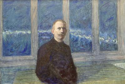 photograph “« Me. Self-portrait » (1901), Eugène Jansson (1862-1915)” par David Farreny — www.farreny.net — Thielska galleriet, galerie Thiel, Thiel gallery, musée, museum, Djurgården, Stockholm, Suède, Sweden, tableau, peinture, painting, XIXe siècle, 19th century, Eugène Jansson, Jag. Självporträtt, autoportrait, self, portrait, homme, man, fenêtre, window, moustache, nuit, night, soir, evening