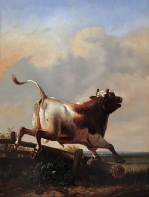 photograph “« Young bull jumping the fence » (1849), Rosa Bonheur (1822-1899)” par David Farreny — www.farreny.net — animal, taureau, bull, bovin, bovine, ciel, sky, nuages, clouds, campagne, countryside, peinture, tableau, painting, XIXe siècle, 19th century, Rosa Bonheur, France, Aquitaine, Charente, Angoulême, musée des Beaux-Arts