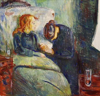 photograph “« The sick child » (1907), Edvard Munch (1863-1944)” par David Farreny — www.farreny.net — Thielska galleriet, galerie Thiel, Thiel gallery, musée, museum, Djurgården, Stockholm, Suède, Sweden, tableau, peinture, painting, XXe siècle, 20th century, Edvard Munch, Det sjuka barnet, enfant, child, lit, bed, femme, woman, couverture, blanket, rideau, curtain, verre, glass, bouteille, bottle, rousse, redhead, oreiller, pillow, coussin