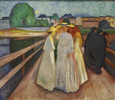 photograph “« On the bridge » (1903), Edvard Munch (1863-1944)” par David Farreny — www.farreny.net — Thielska galleriet, galerie Thiel, Thiel gallery, musée, museum, Djurgården, Stockholm, Suède, Sweden, tableau, peinture, painting, XXe siècle, 20th century, Edvard Munch, På bron, pont, bridge, jetée, pier, Åsgårdstrand, bois, wood, femmes, women, personnages, characters, robes, dresses, chapeaux, hats, rambardes, guardrails, maisons, houses, village, arbre, tree, soleil, sun, eau, water, mer, sea, Skagerrak