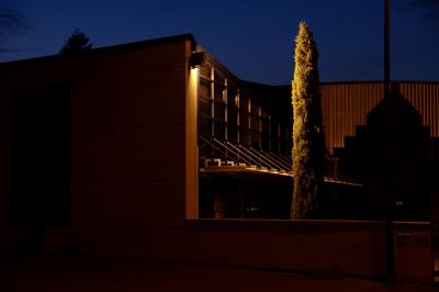 photograph “VI.2014” par David Farreny — www.farreny.net — France, soir, evening, nuit, night, entreprise, company, bâtiment, building, métal, metal, tôle ondulée, corrugated iron, arbre, tree, cyprès, cypress, verre, glass, projecteur, floodlight, lumière, light, pénombre, obscurité, darkness, sombre, dark, zone industrielle, industrial estate, industrial park, Occitanie, Aveyron, Rouergue, Olemps