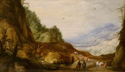 photograph “« Mountain landscape » (1612), Joos de Momper (1564-1635)” par David Farreny — www.farreny.net — Musée des Beaux-Arts, Bordeaux, France, Aquitaine, Gironde, peinture, painting, tableau, XVIIe siècle, 17th century, paysage, landscape, montagne, mountain, hommes, men, chevaux, corses, oiseaux, birds, pont, bridge, pierre, stone, arbres, trees, rivière, river, rocher, rock