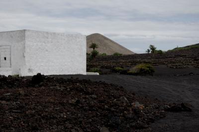 photograph “V.2016 — Remembrance of Egypt” par David Farreny — www.farreny.net — Espagne, Spain, España, Canaries, Canary, Canarias, Lanzarote, Lancerotte, île, island, volcan, volcano, montagne, mountain, pyramide, pyramid, Égypte, Egypt, bâtiment, building, abri, remise, shed, blanc, white, parpaings, breeze-blocks, parallélépipède, parallelepiped, lave, lava, noir, black, palmiers, palm trees, arbres, trees, porte, door, murée, walled, Masdache, Tías