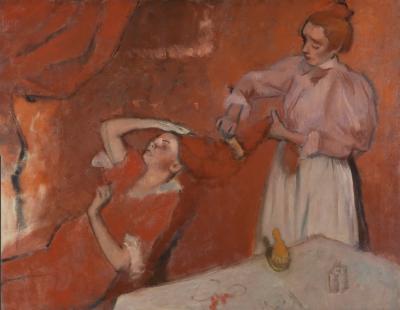 photograph “« Combing the hair » (1895), Edgar Degas (1834-1917)” par David Farreny — www.farreny.net — National Gallery, Londres, London, Royaume-Uni, United Kingdom, Angleterre, England, GB, UK, Edgar Degas, peinture, painting, tableau, 1895, coiffure, combing, femmes, women, coiffeuse, hairdresser, table, rouge, red, peigne, comb, rideau, curtain