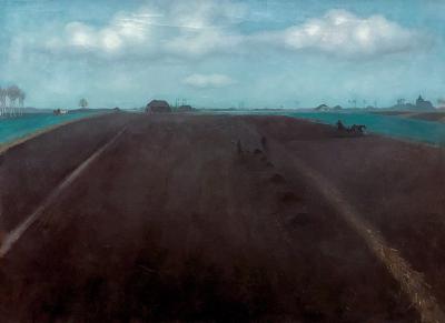 photograph “« Arable land » (1917), Jan Mankes (1889-1920)” par David Farreny — www.farreny.net — Pays-Bas, Netherlands, Nederland, Hollande, Holland, tableau, peintre, painting, Jan Mankes, Bouwland, terres arables, arable land, XXe siècle, 20th century, paysage, landscape, campagne, countryside, champ, field, terre, earth, sol, soil, maisons, houses, église, church, horizon, arbres, trees, nuages, clouds, paysans, peasants, chevaux, corses