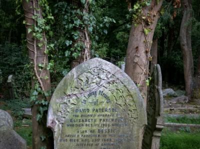 photograph “VIII.2015 — Loving memory” par David Farreny — www.farreny.net — Royaume-Uni, United Kingdom, Grande-Bretagne, Great Britain, Angleterre, England, Londres, London, Hampstead Heath, Highgate, cimetière, cemetery, tombe, tombé, pierre, stone, arbres, trees, troncs, trunks, In living memory, David Paterson, Elizabeth Paterson, Bessie, mort, death