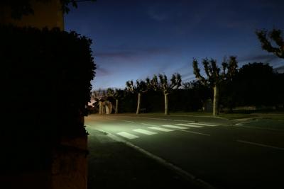 photograph “V.2020 — At night” par David Farreny — www.farreny.net — soir, evening, rue, street, village, éclairage, municipal, lighting, arbres, platanes, trees, plane trees, passage, piétons, zebra, crossing, haie, hedge, trottoir, pavement, bitume, blacktop, asphalte, asphalt, vide, empty, emptiness, France, Occitanie, Gascogne, Gers, Jegun