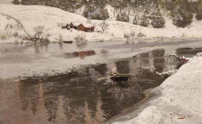 photograph “« Winter at the river Simoa » (1883), Frits Thaulow (1847-1906)” par David Farreny — www.farreny.net — Musée national de Norvège, Nasjonalgalleriet, Norvège, Norway, Norge, Oslo, Christiania, Frits Thaulow, peinture, painting, tableau, art, 1883, XIXe siècle, 19th century, Vinter ved Simoa, hiver, winter, rivière, river, eau, water, boat, bateau, barque, femme, woman, rames, oars, bois, wood, rives, shores, maison, house, arbres, trees, reflet, reflection