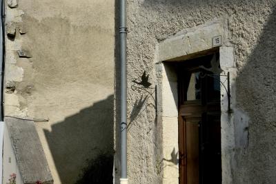 photograph “VIII.2024 — Faces of home, 234” par David Farreny — www.farreny.net — France, Occitanie, Gascogne, Gascony, Gers, Biran, maison, house, porte, door, mur, wall, pierre, stone, crépi, roughcast, bois, wood, métal, metal, oies, geese, vol, flight, plaque, plate, numéro, number, 15, gouttière, drainpipe, câbles, cables, fils, wires, ombre, shadow, fleurs, flowers, domicile, home