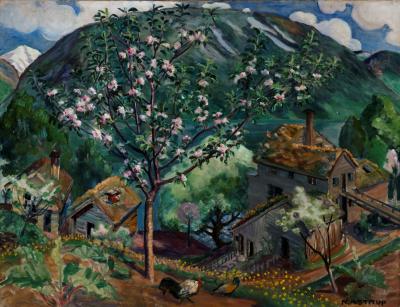 photograph “« Apple tree in bloom », Nikolai Astrup (1880-1928)” par David Farreny — www.farreny.net — Musée d'art de Bergen, Bergen Kunstmuseum, Norvège, Norway, Norge, Hordaland, Bergen, Nikolai Astrup, peinture, painting, tableau, art, 1926, XXe siècle, 20th century, Pommier en fleur, Apple tree in bloom, Epletre i blomst, Epletræ i blomst, montagne, mountain, fjord, arbres, trees, pommier, apple tree, fleurs, flowers, maisons, houses, bois, wood, coq, rooster, cock, eau, water, paysage, landscape, nuages, clouds, néoromantisme, neo-romanticism