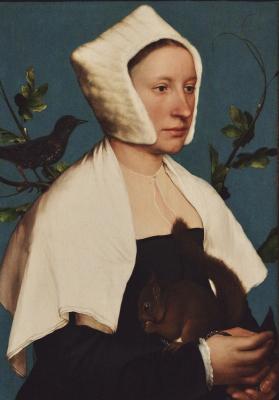 photograph “« A lady with a squirrel and a starling (Anne Lovell?) » (c. 1526-28), Hans Holbein the Younger (c. 1497-1543)” par David Farreny — www.farreny.net — National Gallery, Londres, London, Royaume-Uni, United Kingdom, Angleterre, England, GB, UK, Hans Holbein der Jüngere, peinture, painting, tableau, 1526, XVIe siècle, 16th century, portrait, femme, woman, animaux, animals, écureuil, squire, oiseau, bird, starling, étourneau, feuillage, foliage, feuilles, leaves, Renaissance nordique, Northern Renaissance