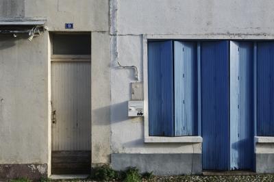 photograph “I.2025 — Faces of home, 244” par David Farreny — www.farreny.net — France, Occitanie, Gascogne, Gascony, Lomagne, Saint-Clar, village, rue, street, maisons, houses, portes, doors, bois, wood, volets, shutters, boîte à lettres, mailbox, oies, geese, birds, oiseaux, volailles, poultry, fowl, foie gras, câbles, cables, fils, wires, poignée, handle, métal, metal, plaque, plate, numéro, number, 9, lampe, lamp, crépi, roughcast, galets, pebbles, bleu, blue, domicile, home