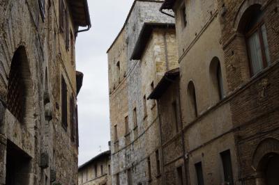 photograph “X.2019” par David Farreny — www.farreny.net — Italie, Italia, Italy, Toscane, Toscana, Tuscany, Sienne, Siena, San Gimignano, San Giminiano, Saint-Géminien, rue, street, brique, brick, pierre, stone, maisons, houses, bâtiments, buildings, fenêtres, windows, toits, roofs, volets, shutters, bois, wood, antennes, antennas, gouttières, drainpipes, métal, metal, cheminée, chimney, câbles, cables, fils, wires, rideaux, curtains, fleurs, flowers