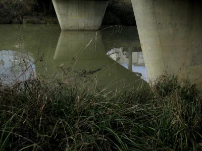 photograph “I.2017” par David Farreny — www.farreny.net — France, Occitanie, Gascogne, Gers, Auch, pont, bridge, rivière, river, eau, water, herbe, grass, rive, shore, béton, concrete, reflet, reflection