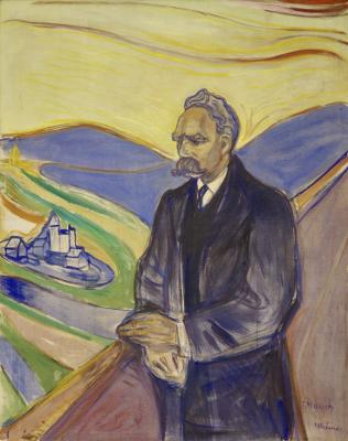 photograph “« Friedrich Nietzsche » (1906), Edvard Munch (1863-1944)” par David Farreny — www.farreny.net — Thielska galleriet, galerie Thiel, Thiel gallery, musée, museum, Djurgården, Stockholm, Suède, Sweden, tableau, peinture, painting, XXe siècle, 20th century, Edvard Munch, Friedrich Nietzsche, portrait, philosophe, philosopher, homme, man, moustache, cravate, tie, paysage, landscape, rambarde, guardrail, village, église, church, jaune, yellow